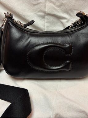 Coach Black Leather Shoulder Bag with Embossed C and Chain Strap